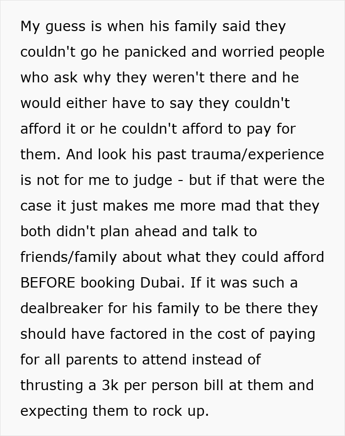 Text discussing the issue of a bride expecting family to fund the groom's family's trip to a destination wedding.