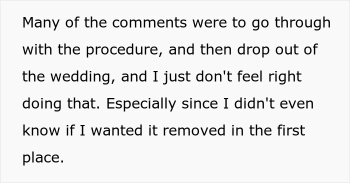 Text excerpt discussing bridesmaid's dilemma regarding a procedure for a wedding. Text excerpt discussing bridesmaid's dilemma regarding a procedure for a wedding.
