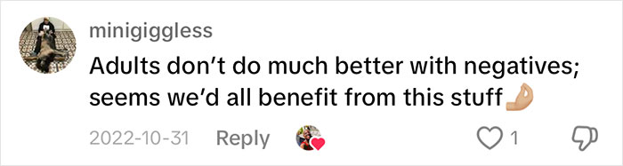 Comment about adults and negative feedback, suggesting everyone benefits from parenting tips. Comment about adults and negative feedback, suggesting everyone benefits from parenting tips.