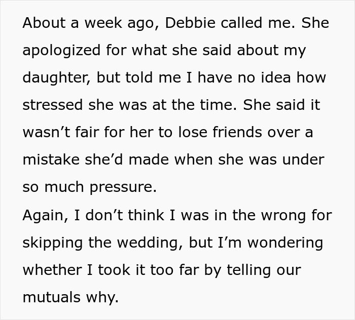Text about skipping a wedding due to friend's comments, discussing pressure and impact on friendships. Text about skipping a wedding due to friend's comments, discussing pressure and impact on friendships.