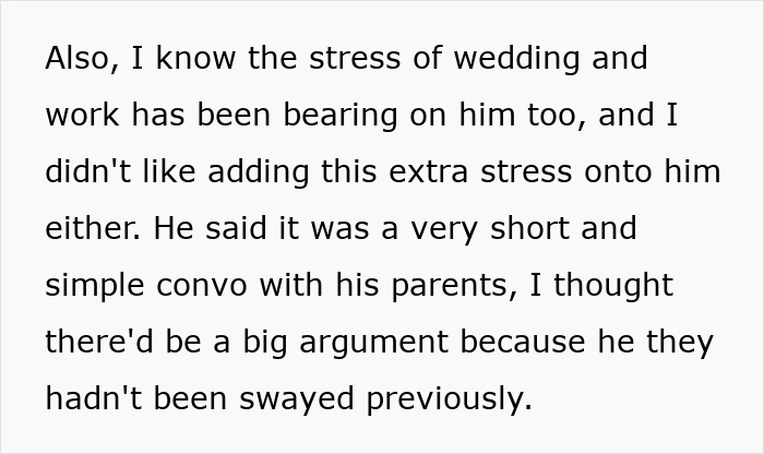 Text discussing stress on groom due to wedding and work, mentioning a conversation with his parents about honeymoon plans.