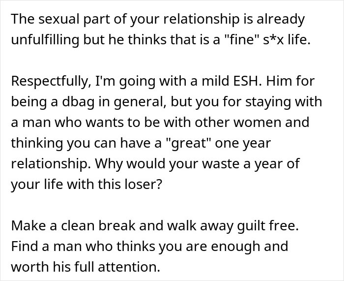 Open relationship request leads to breakup advice in online comment.