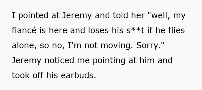 Text exchange between passengers on a plane about seat refusal, mentioning fiance and flight anxiety. Text exchange between passengers on a plane about seat refusal, mentioning fiance and flight anxiety.
