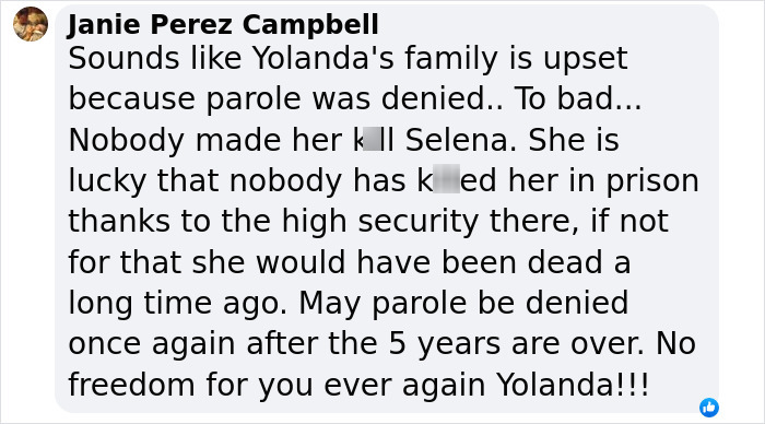 Comment on Selena's assassin denied parole, family shifts blame.