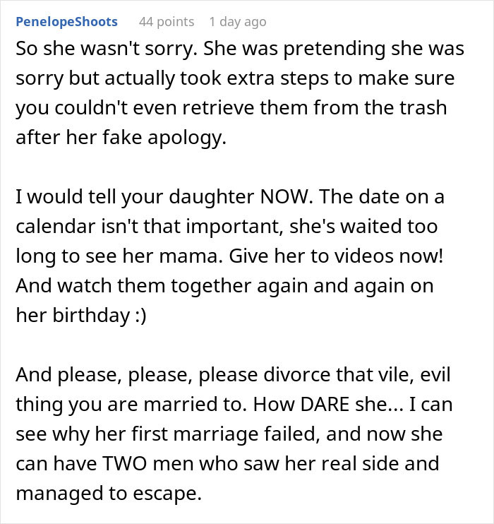 Reddit comment discussing daughter's late mother's tapes; frustration at new wife's actions.