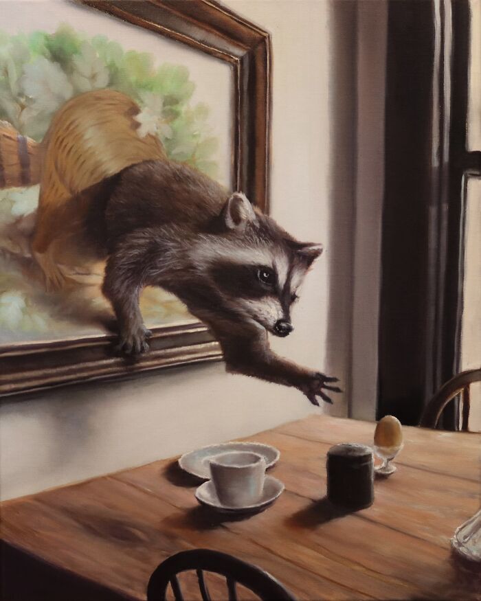Anthropomorphic artwork of a raccoon stepping out of a painting onto a table set with a cup, saucer, and egg holder.