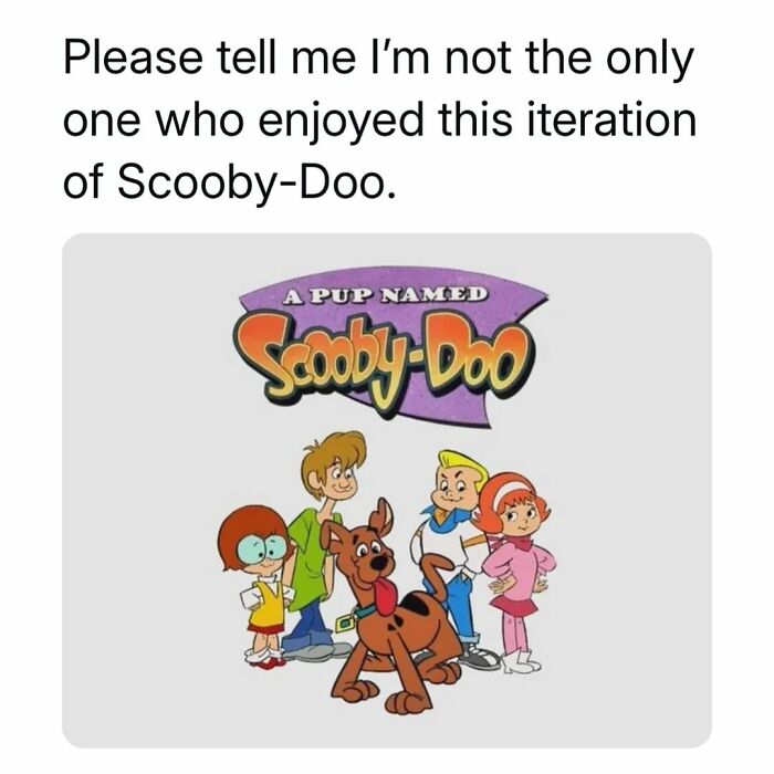 A nostalgic meme featuring the cartoon "A Pup Named Scooby-Doo" characters.