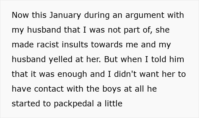 Text screenshot discussing racist comments and a decision to deny access to grandchildren.