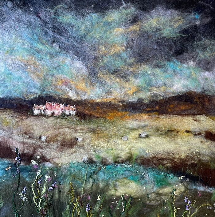 Fiber artwork by Moy Mackay depicting a beautiful landscape with vibrant skies and detailed textures.