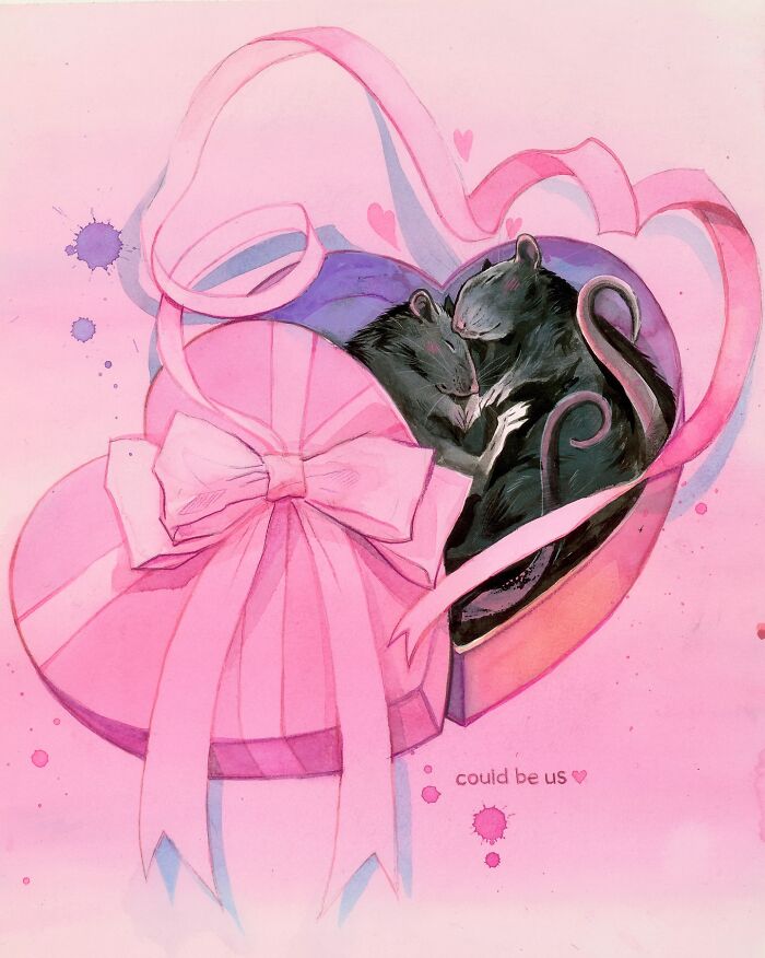 Dream-like painting of two rats cuddling inside a heart-shaped box with a pink ribbon.