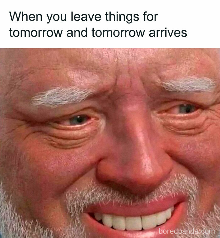 Close-up of a man's face expressing regret, illustrating a relatable job meme about procrastination.