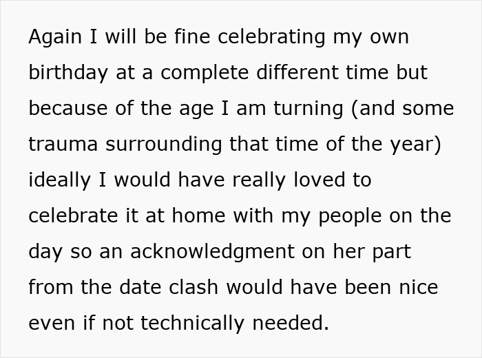 Text about birthday scheduling issues, acknowledging a clash with a friend's wedding date. Text about birthday scheduling issues, acknowledging a clash with a friend's wedding date.