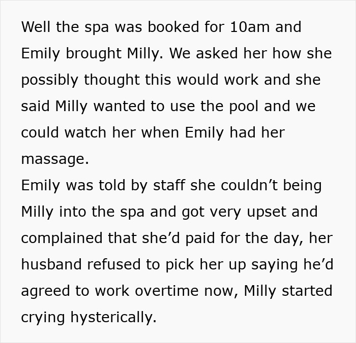 Text describing a woman bringing her child to a no-kids-allowed spa, leading to issues with the staff and upset.