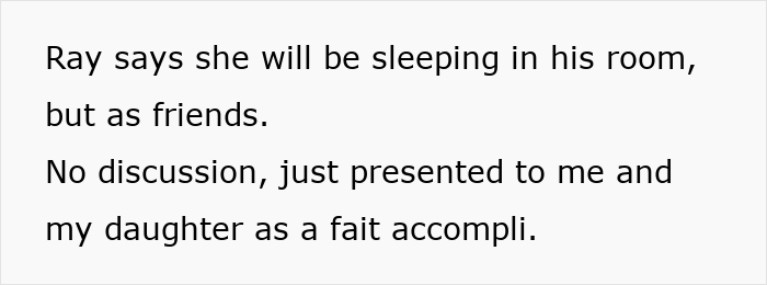Text message about a friend inviting a woman to sleep in his room without discussing it first.