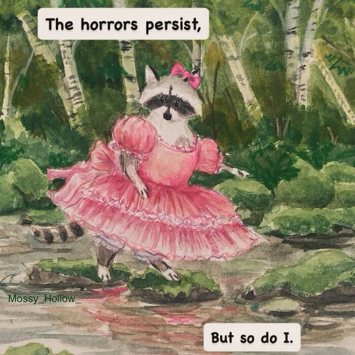 Sassy raccoon in a pink dress with a pop culture reference, standing humorously in a watercolor forest setting.