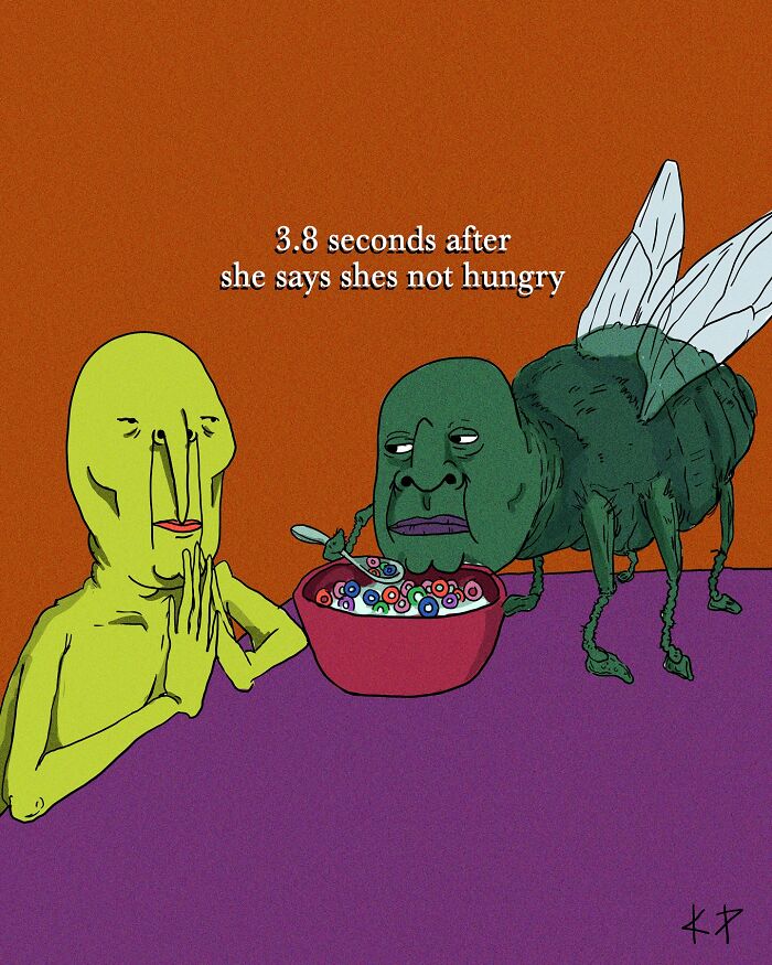 Illustration by 'Kissing Party' with surreal characters sharing a cereal bowl humorously.
