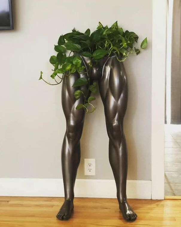 A metallic legs planter filled with greenery, a strange item found while thrifting.