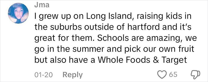 Comment discussing moving to a blue state, highlighting great schools, local amenities like Whole Foods and Target, 65 likes.