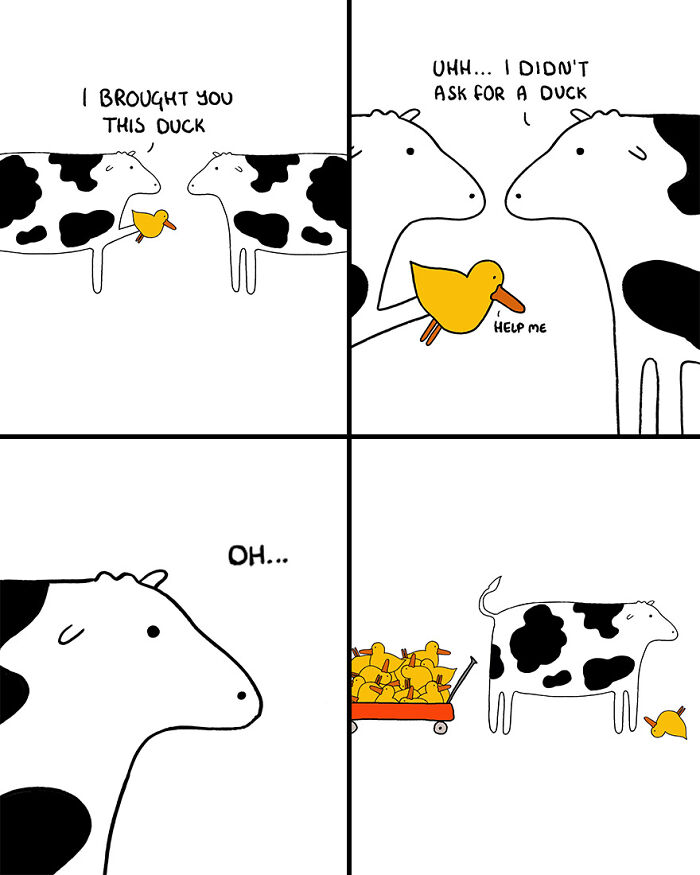 Cartoon cows with a toy duck, illustrating a humorous cow situation and showcasing funny cow content.