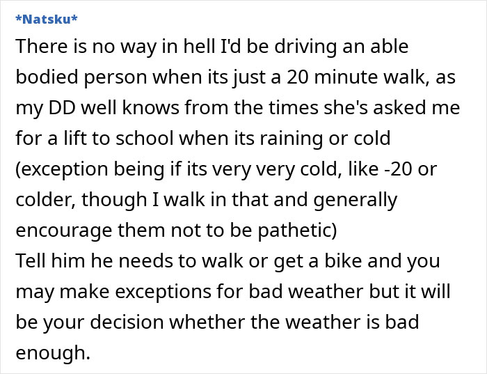 Text discussing a husband demanding rides versus respecting a refusal, mentioning walking or biking instead. Text discussing a husband demanding rides versus respecting a refusal, mentioning walking or biking instead.