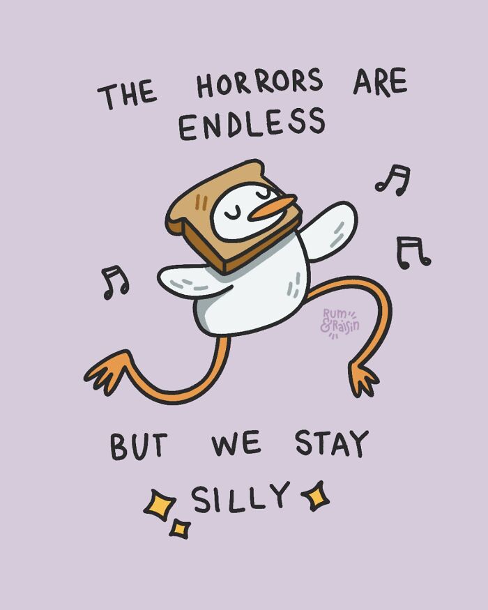 Cartoon bird with toast on head, dancing with musical notes around, depicting humorous take on anxiety experiences.