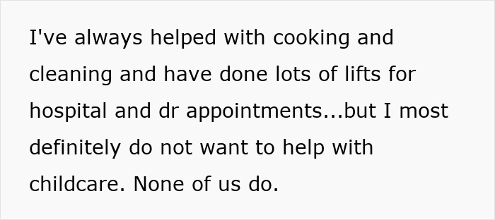 Text from childfree group about helping with tasks but refusing childcare.