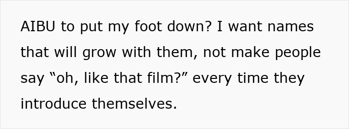 Text discussing a man wanting to name twins after a romantic movie couple, wife disagrees. Text discussing a man wanting to name twins after a romantic movie couple, wife disagrees.