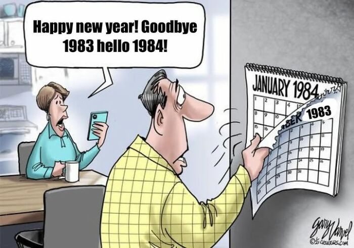 Man tears 1983 page from calendar yelling "Happy New Year 1984" in a literal meme.