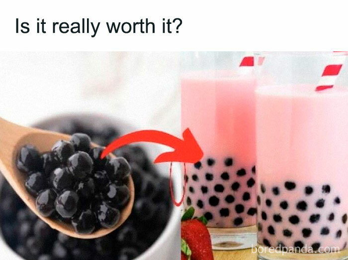 Boba pearls in a wooden spoon with an arrow pointing to bubble tea, questioning if it's worth it.