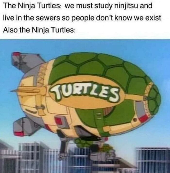 Nostalgic meme featuring the Ninja Turtles in a humorous scenario with their blimp over a city.