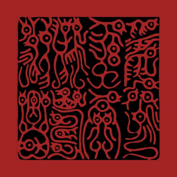 Abstract red and black pattern resembling ancient glyphs, evoking the mystery of lost treasures.