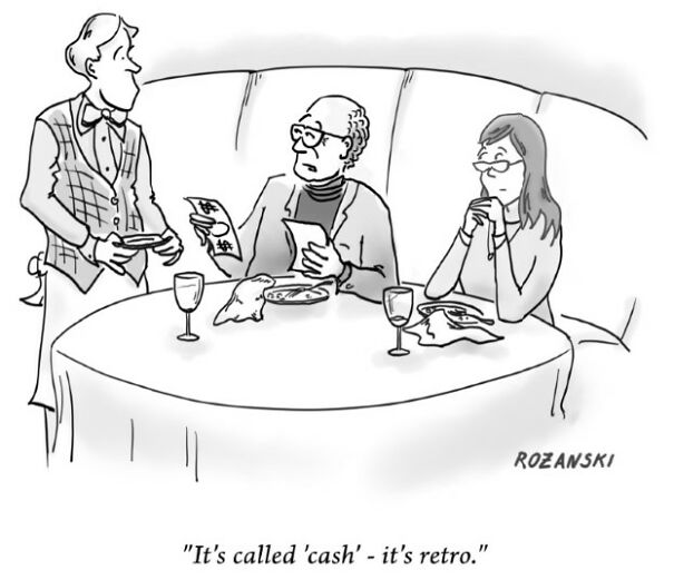 Cartoon shows a man at a restaurant table explaining cash to a waiter, highlighting retro payment methods.