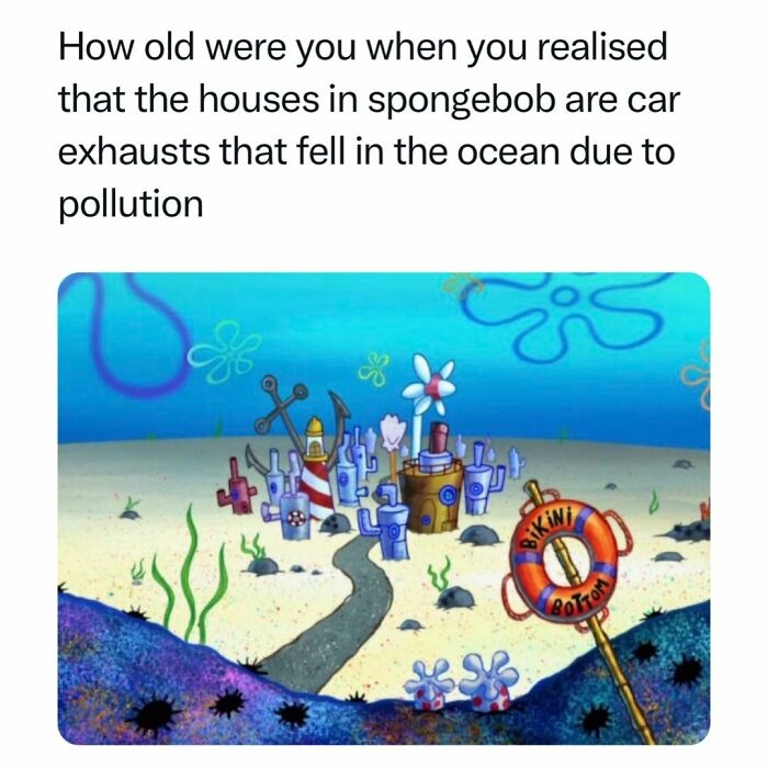 Old cartoons meme featuring Spongebob's Bikini Bottom houses as car exhausts due to pollution.
