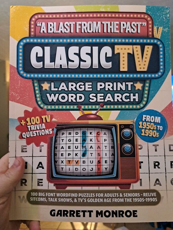Large print word search book with a vintage TV theme, featuring puzzles and trivia from the 1950s to 1990s.
