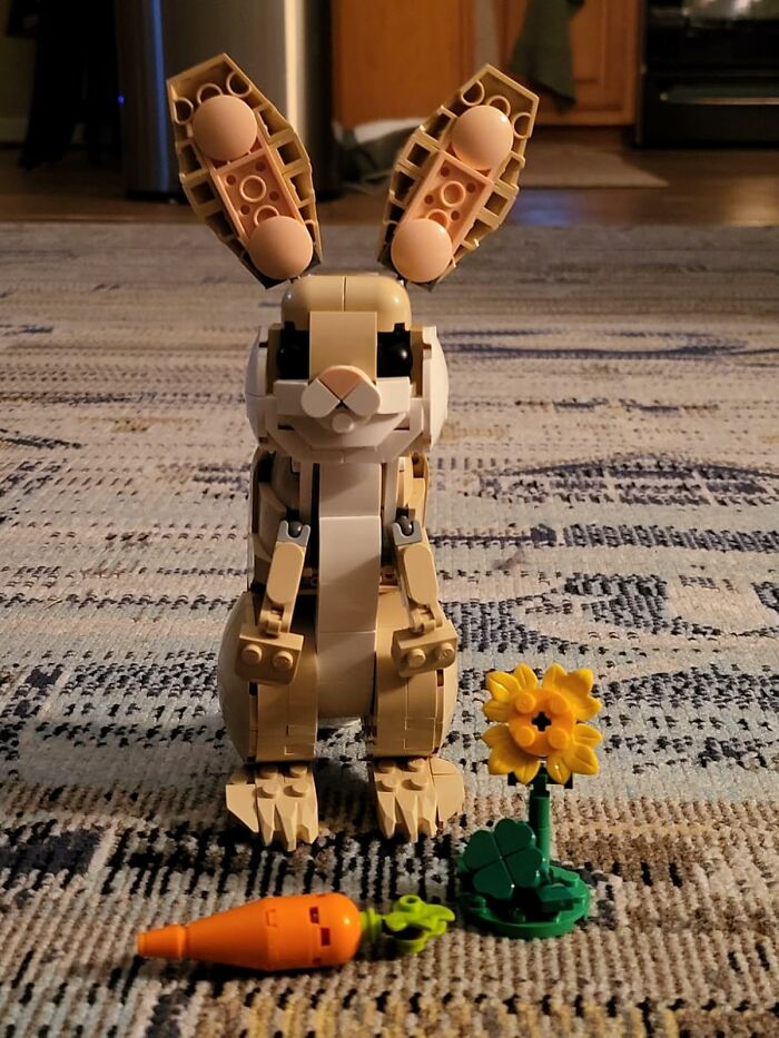 Lego bunny with carrot and flower, ideal for Easter basket stuffers.