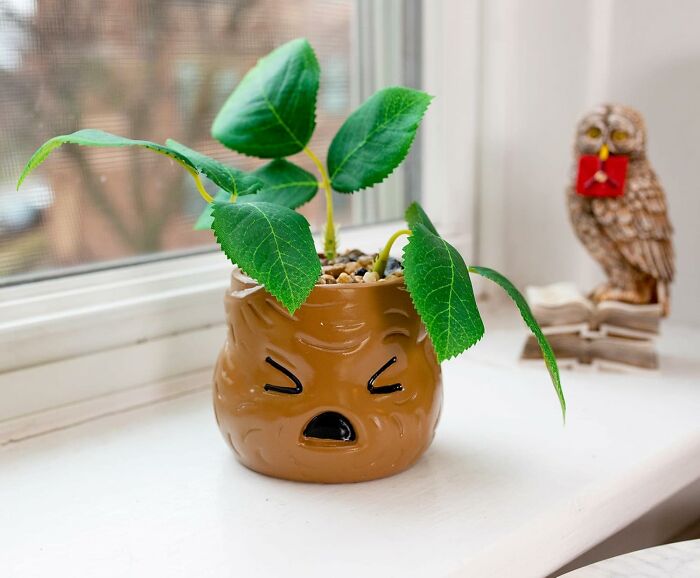 Whimsical plant pot on a windowsill with an owl, embodying pure fandom goals.
