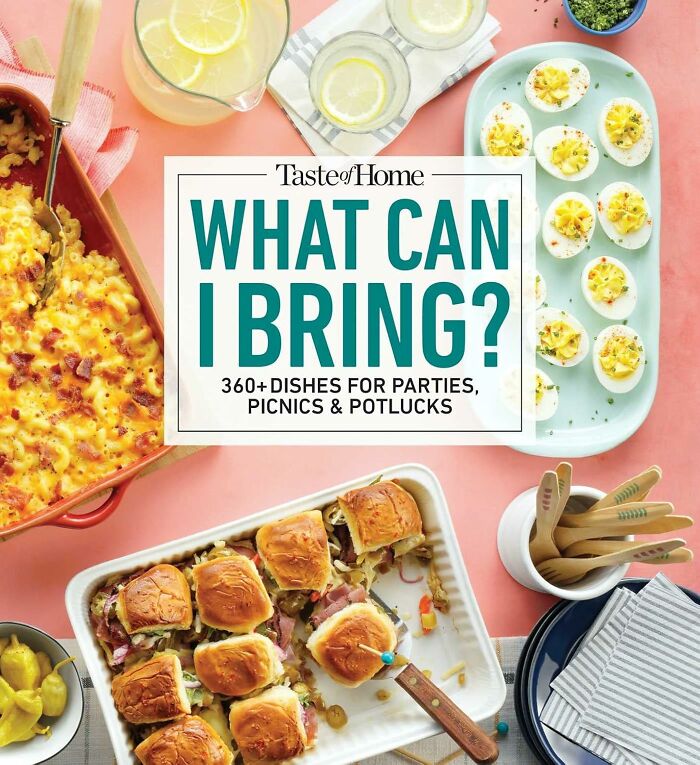 Cookbook titled "What Can I Bring?" surrounded by party dishes, ideal for a digital detox gathering.