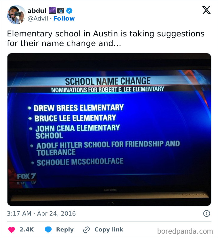 Image of humorous school name change suggestions, including "Schoolie McSchoolface," to spread daily humor memes.