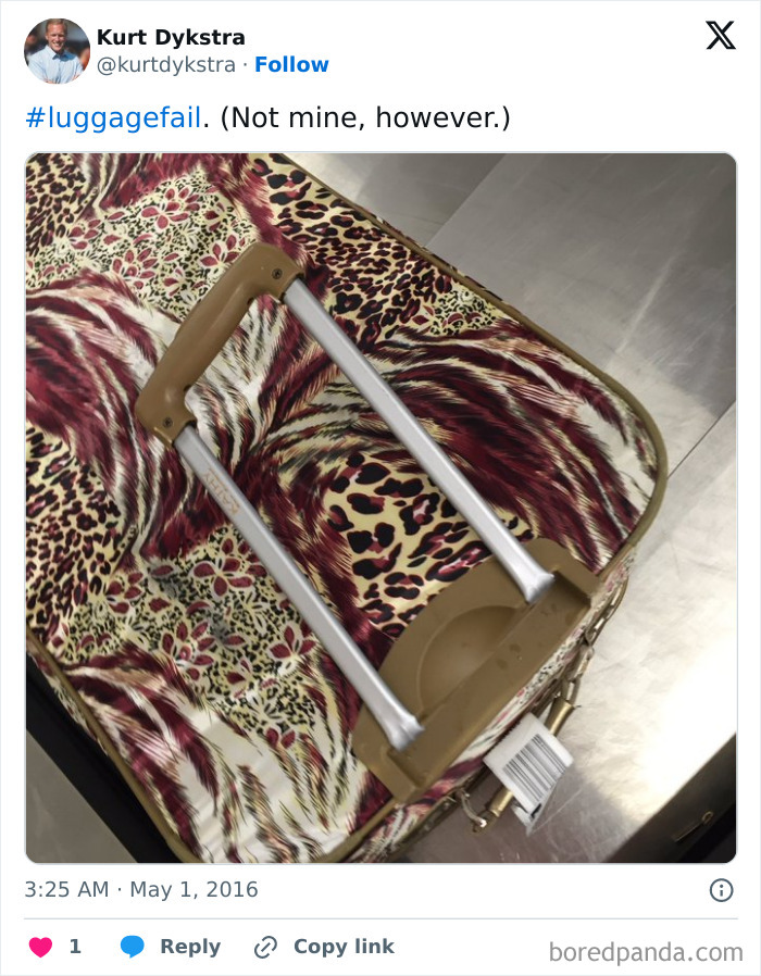 Leopard print suitcase with broken handle, showcasing an epic baggage fail at an airport.