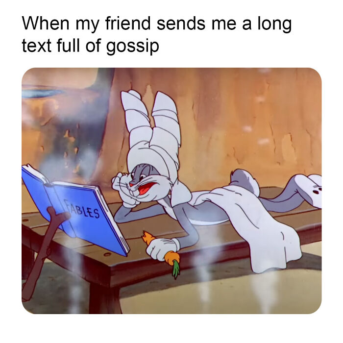 Old cartoon meme featuring a relaxed character reading a book labeled "Fables" with a carrot.