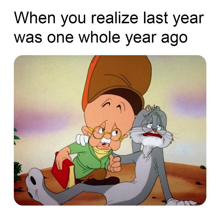 Cartoon characters sitting together, looking surprised. Nostalgic meme about realizing last year was just one whole year ago.
