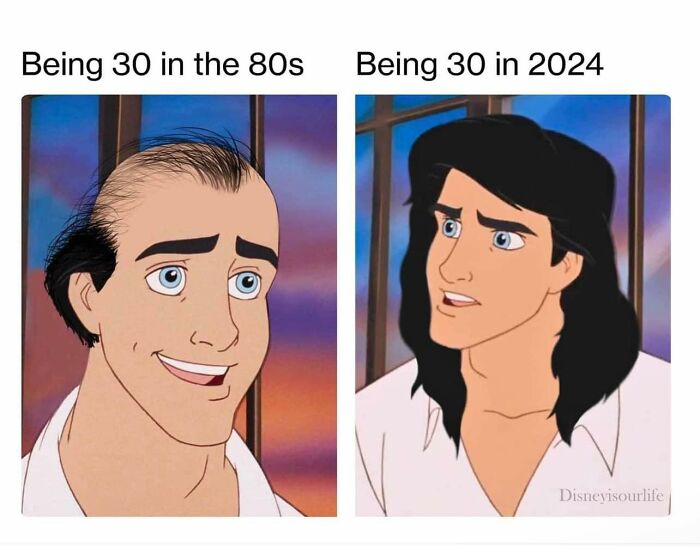 Cartoon meme comparing being 30 in the 80s versus 2024, depicting different hairstyles and styles.