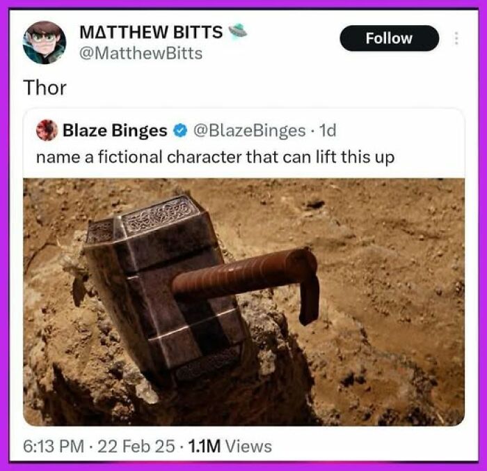 Tweet meme with Thor's hammer on the ground, referencing a fictional character challenge.