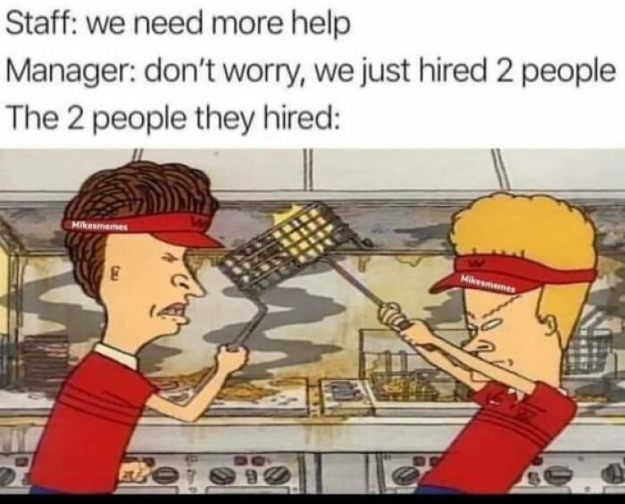 Cartoon characters in a kitchen with text about hiring decisions, evoking nostalgia.