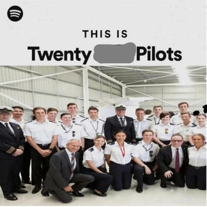 Literal meme featuring a large group of pilots posing beneath a comical "Twenty Pilots" caption.