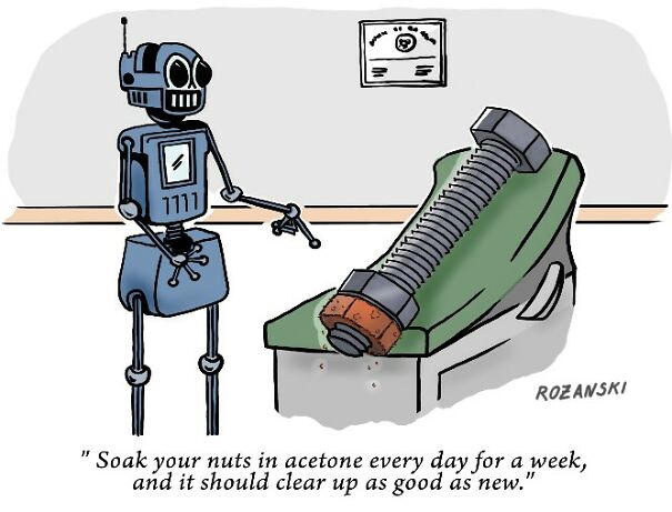 Robot cartoon prescribing acetone soak to a bolt on a couch.