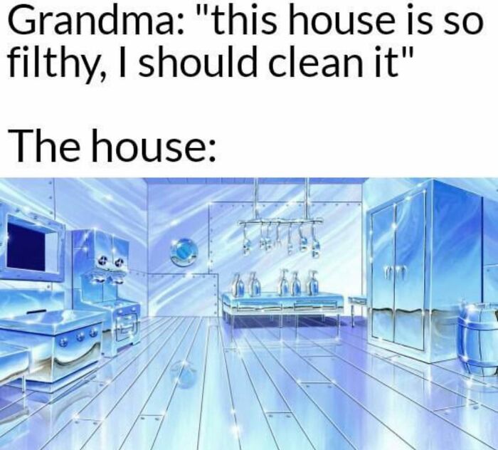 Nostalgic meme about an immaculately clean house, humorously illustrating a grandma's perspective on cleanliness.