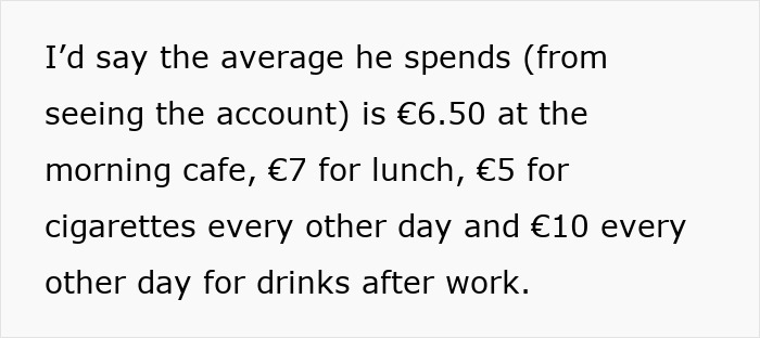 Text image showing a husband's spending on coffee, lunch, cigarettes, and drinks.