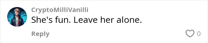 A comment on wedding photoshoot post, saying "She's fun. Leave her alone.