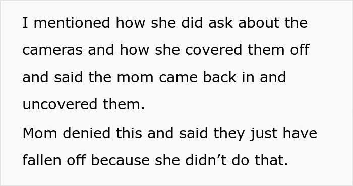 Text discussing a mom's concerns about cameras in a friend's room during a sleepover. Text discussing a mom's concerns about cameras in a friend's room during a sleepover.